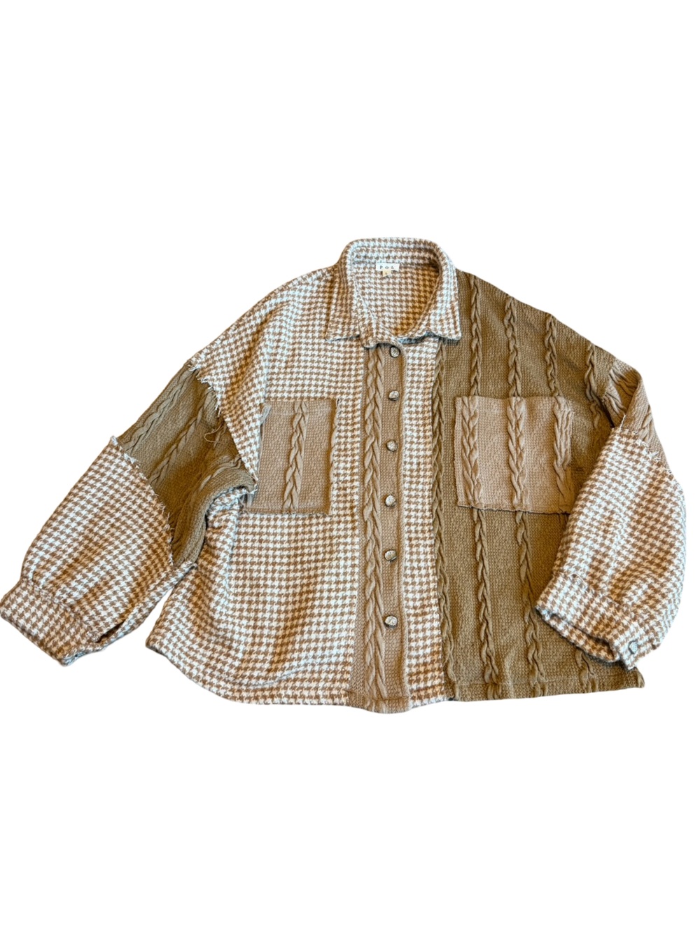 POL Pieced Houndstooth Panel Shacket Mocha Multi Patch Relaxed Fit Size Large